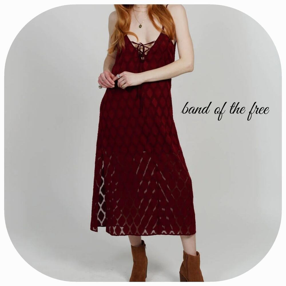 Band Of The Free‎ Lila Lace Up Front Tie V Neck Diamond Midi Dress Merlot XS 2